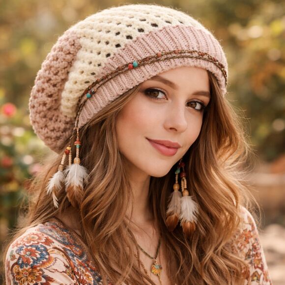 Handmade Crochet Beanie Unisex Slouchy Ombre Cream Rose Boho Cozy Knit Hat Gift